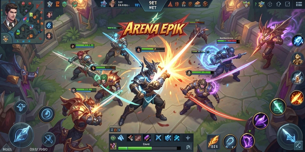 Tangkapan layar permainan 9ET menampilkan aksi pertarungan MOBA yang mendebarkan.