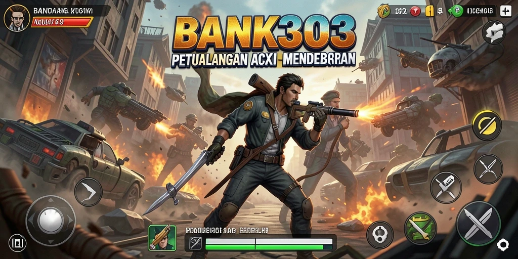 Tangkapan layar utama BANK303 menampilkan aksi mendebarkan di medan pertempuran.