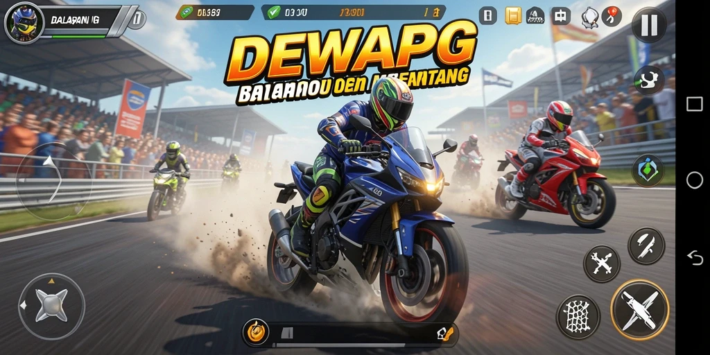 Gameplay seru dan menegangkan di DEWAPG dengan motor balap.