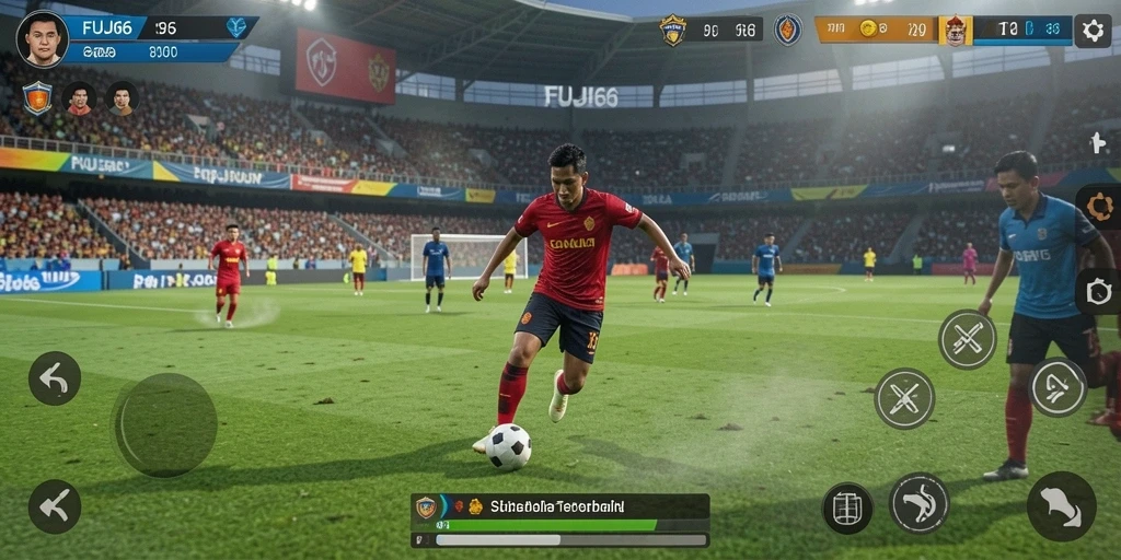 Tampilan gameplay menyerupai pertandingan sepak bola sungguhan.
