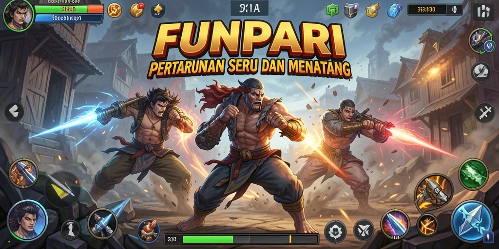 Tampilan screenshot <strong>FUNPARI</strong> menunjukkan karakter yang siap bertarung di arena.