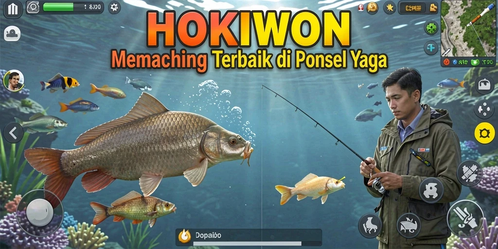 Tangkapan layar gameplay HOKIWON dengan aksi memancing seru.