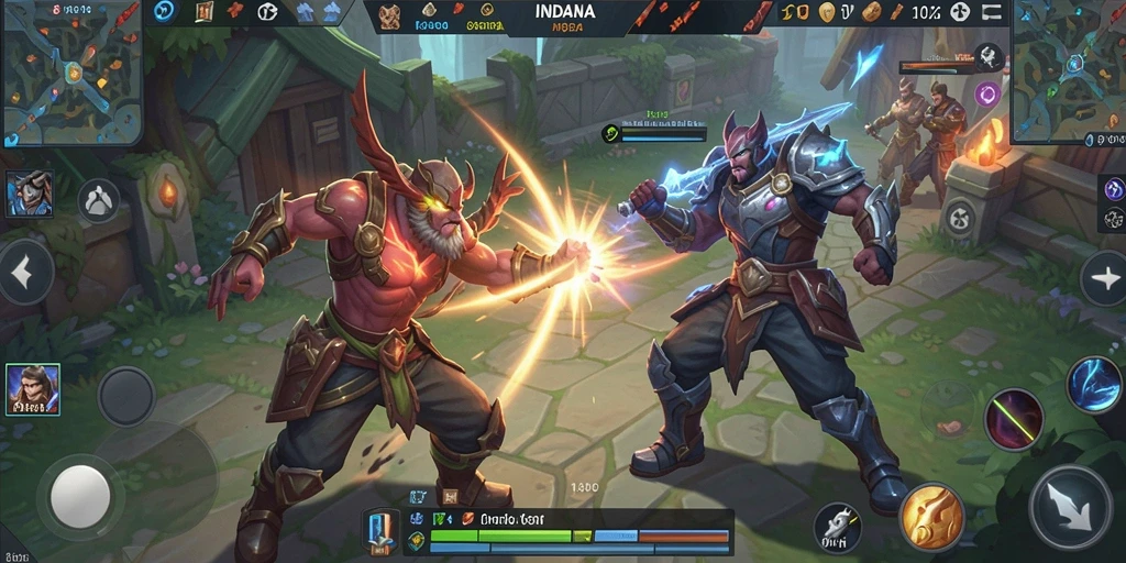 Tampilan gameplay seru dalam pertempuran MOBA INDAAA.
