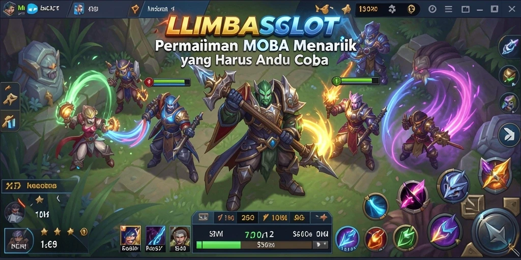 Tampilan permainan LMBASLOT dengan aksi seru dalam medan perang MOBA.