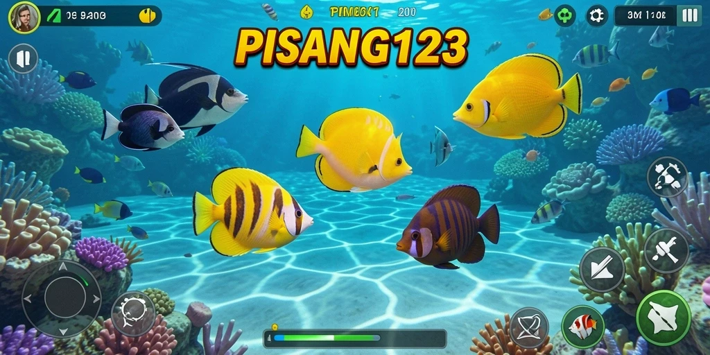 Tampilan screenshot gameplay PISANG123 dengan berbagai ikan yang menunggu untuk ditangkap.