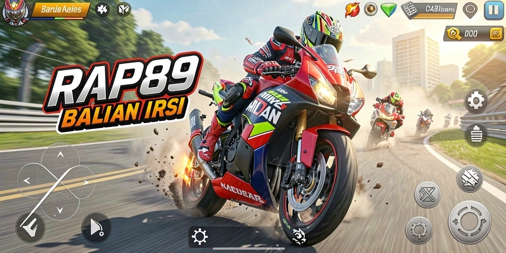 Screenshot utama RAP89 menunjukkan aksi balapan motor yang mendebarkan.