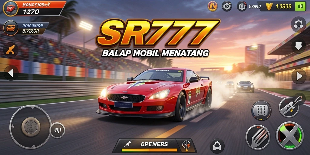 Gameplay seru SR777 dengan mobil balap di trek yang menantang.